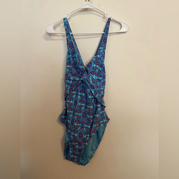 Bleu Rod Beattie Blue and Pink One Piece Swimsuit with V-Neck and Wide Straps - Picture 1 of 4